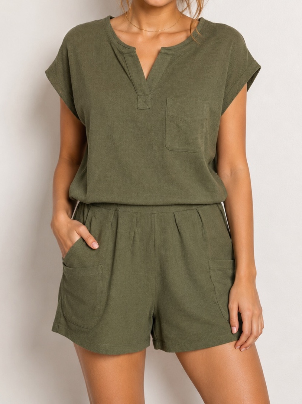 2pc set Casual Olive Green Shorts Set Short Sleeve Top and Shorts - Picture 9 of 9